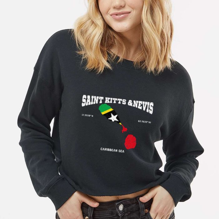 St Kitts Flag And Map St Kitts And Nevis Coordinates Cropped Pullover Crew