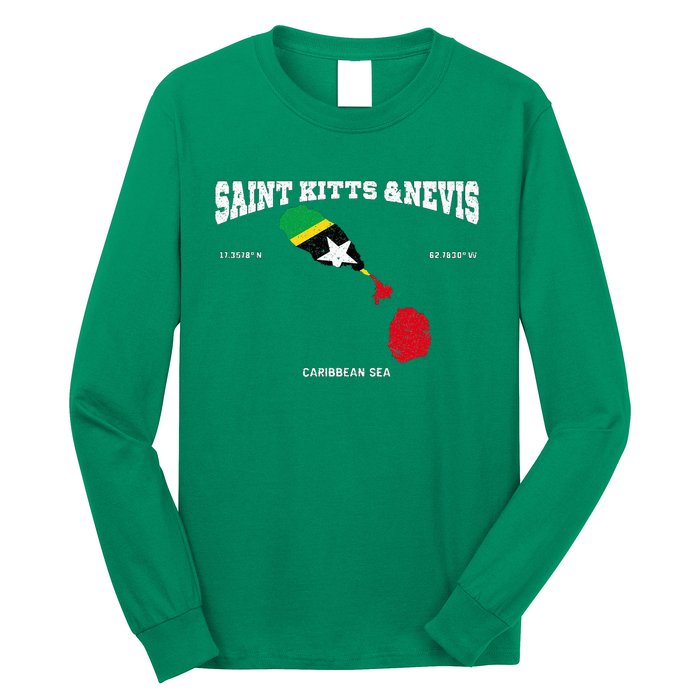 St Kitts Flag And Map St Kitts And Nevis Coordinates Long Sleeve Shirt