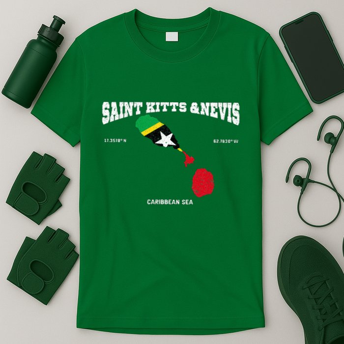 St Kitts Flag And Map St Kitts And Nevis Coordinates T-Shirt