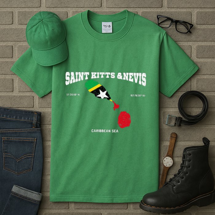 St Kitts Flag And Map St Kitts And Nevis Coordinates Tall T-Shirt