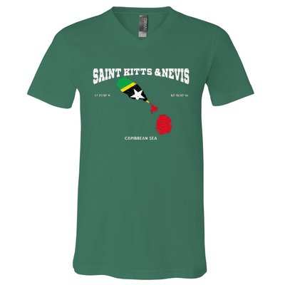 St Kitts Flag And Map St Kitts And Nevis Coordinates V-Neck T-Shirt