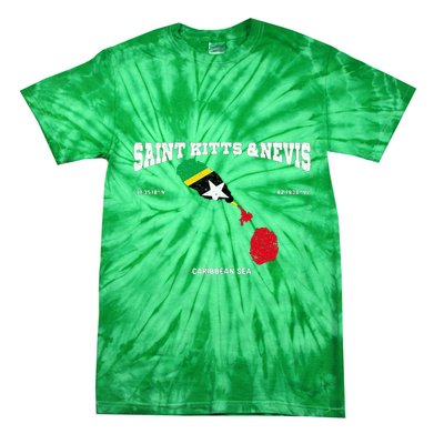 St Kitts Flag And Map St Kitts And Nevis Coordinates Tie-Dye T-Shirt