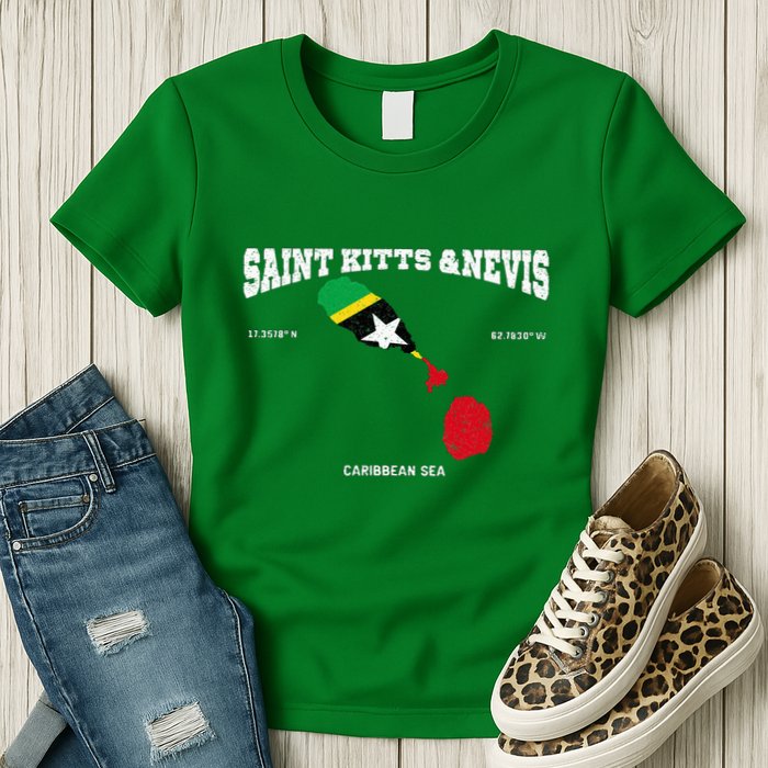 St Kitts Flag And Map St Kitts And Nevis Coordinates Womens T-Shirt