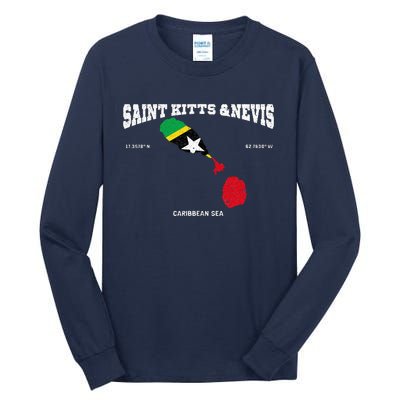 St Kitts Flag And Map St Kitts And Nevis Coordinates Tall Long Sleeve T-Shirt