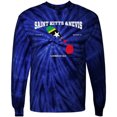 St Kitts Flag And Map St Kitts And Nevis Coordinates Tie-Dye Long Sleeve Shirt