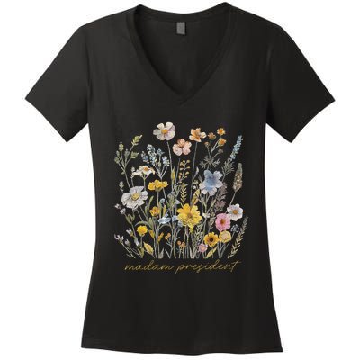 Subtle Kamala Harris Madam President Flower Feminist Feminis Women's V-Neck T-Shirt