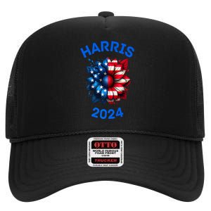 Sunflower Kamala Harris 2024 High Crown Mesh Back Trucker Hat