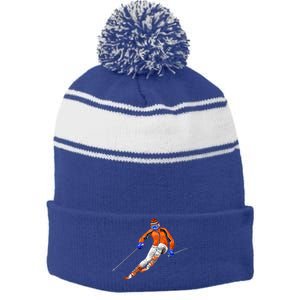 Skiing Downhill Stripe Pom Pom Beanie