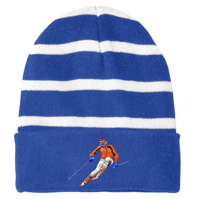 Skiing Downhill Striped Beanie with Solid Band