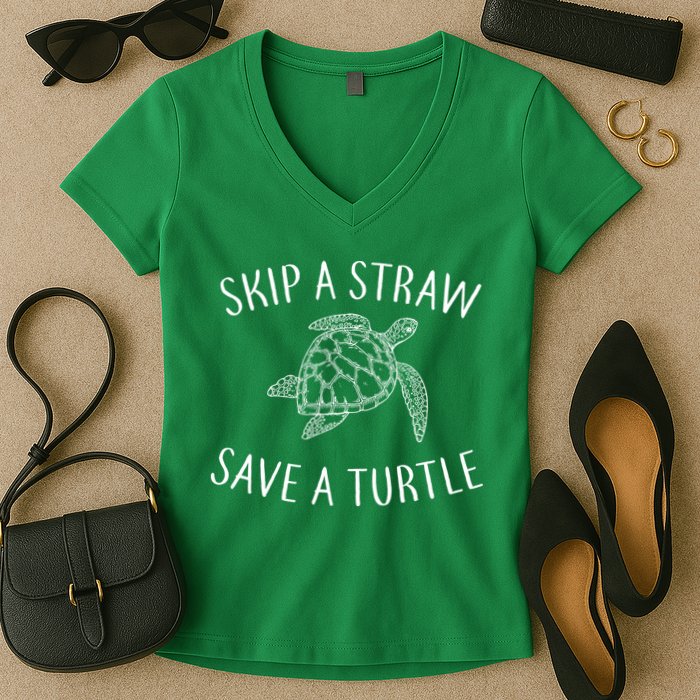 Skip A Straw Save A Turtle Women's V-Neck T-Shirt