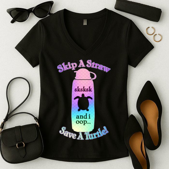 Skip A Straw Save A Turtle Sksksks Women's V-Neck T-Shirt