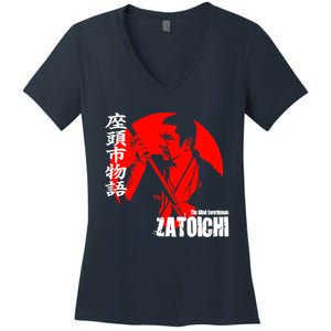 Shintaro Katsu Japan Retro Samurai Movie Zatoichi The Blind Swordsman Women's V-Neck T-Shirt