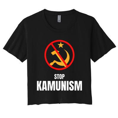 Stop Kamunism Kamala Harris 2024 Funny Parody Long Sleeve Women's Crop Top Tee