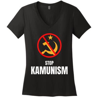 Stop Kamunism Kamala Harris 2024 Funny Parody Long Sleeve Women's V-Neck T-Shirt