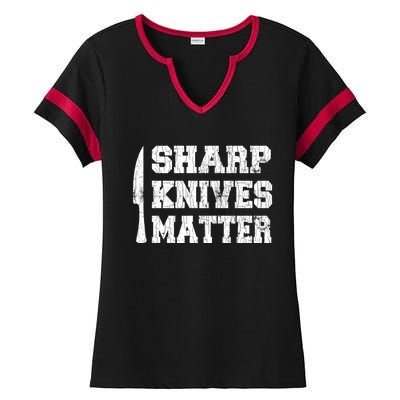 Sharp Knives Matter Funny Cook Chef Cooking Graphic Great Gift Ladies Halftime Notch Neck Tee