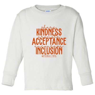 Share Kindness Promote Acceptance Encourage Inclusion End Bullying Unity Day Toddler Long Sleeve Shirt