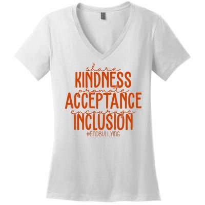 Share Kindness Promote Acceptance Encourage Inclusion End Bullying Unity Day Women's V-Neck T-Shirt