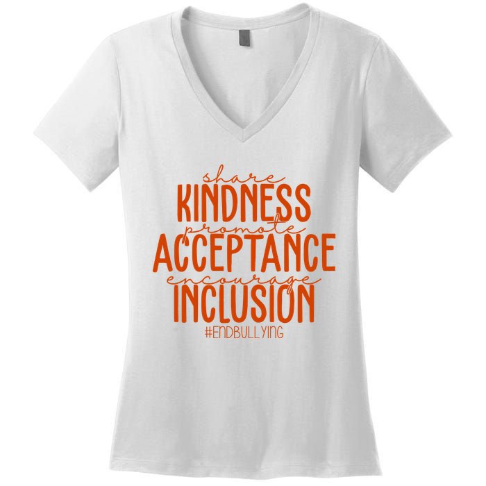 Share Kindness Promote Acceptance Encourage Inclusion End Bullying Unity Day Women's V-Neck T-Shirt