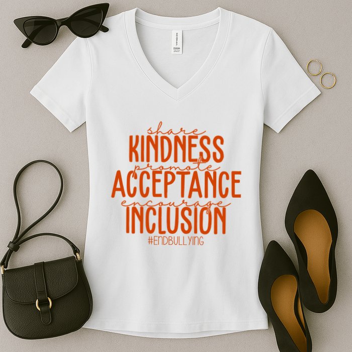 Share Kindness Promote Acceptance Encourage Inclusion End Bullying Unity Day Women's V-Neck T-Shirt