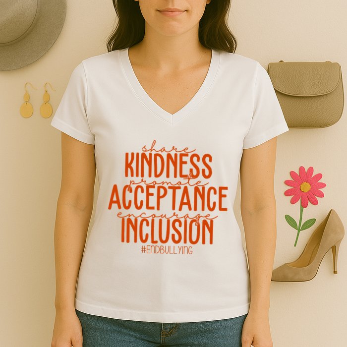 Share Kindness Promote Acceptance Encourage Inclusion End Bullying Unity Day Women's V-Neck T-Shirt