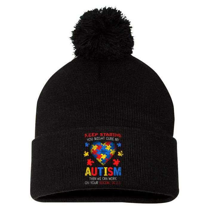 Sarcastic Keep Staring You Might Cure My Autism Awareness Pom Pom 12in Knit Beanie