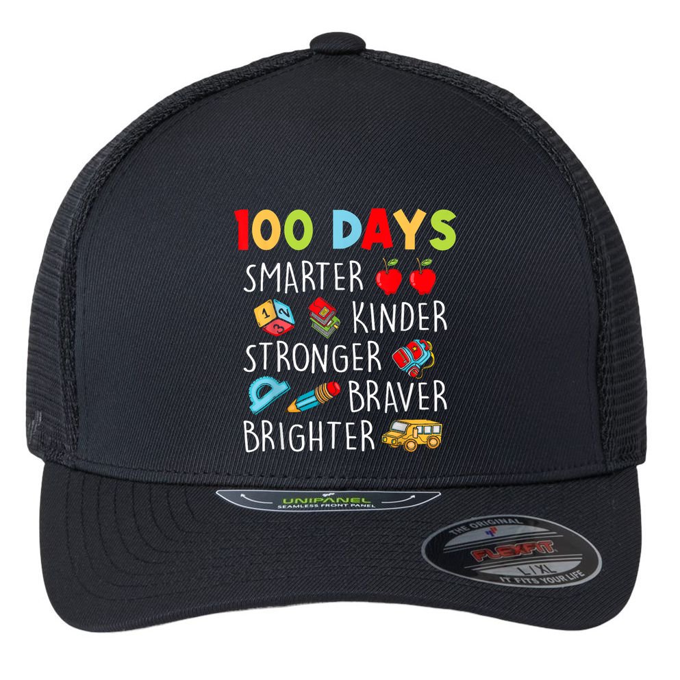 Smarter Kinder Stronger Brighter 100 Days Of School Teacher Flexfit Unipanel Trucker Cap