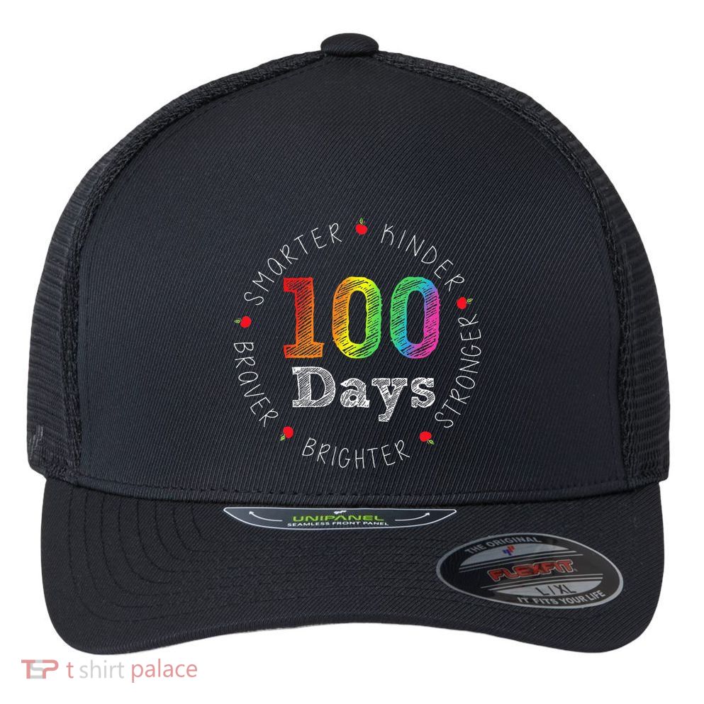 Smarter Kinder Stronger Brighter 100 Days Of School Flexfit Unipanel Trucker Cap