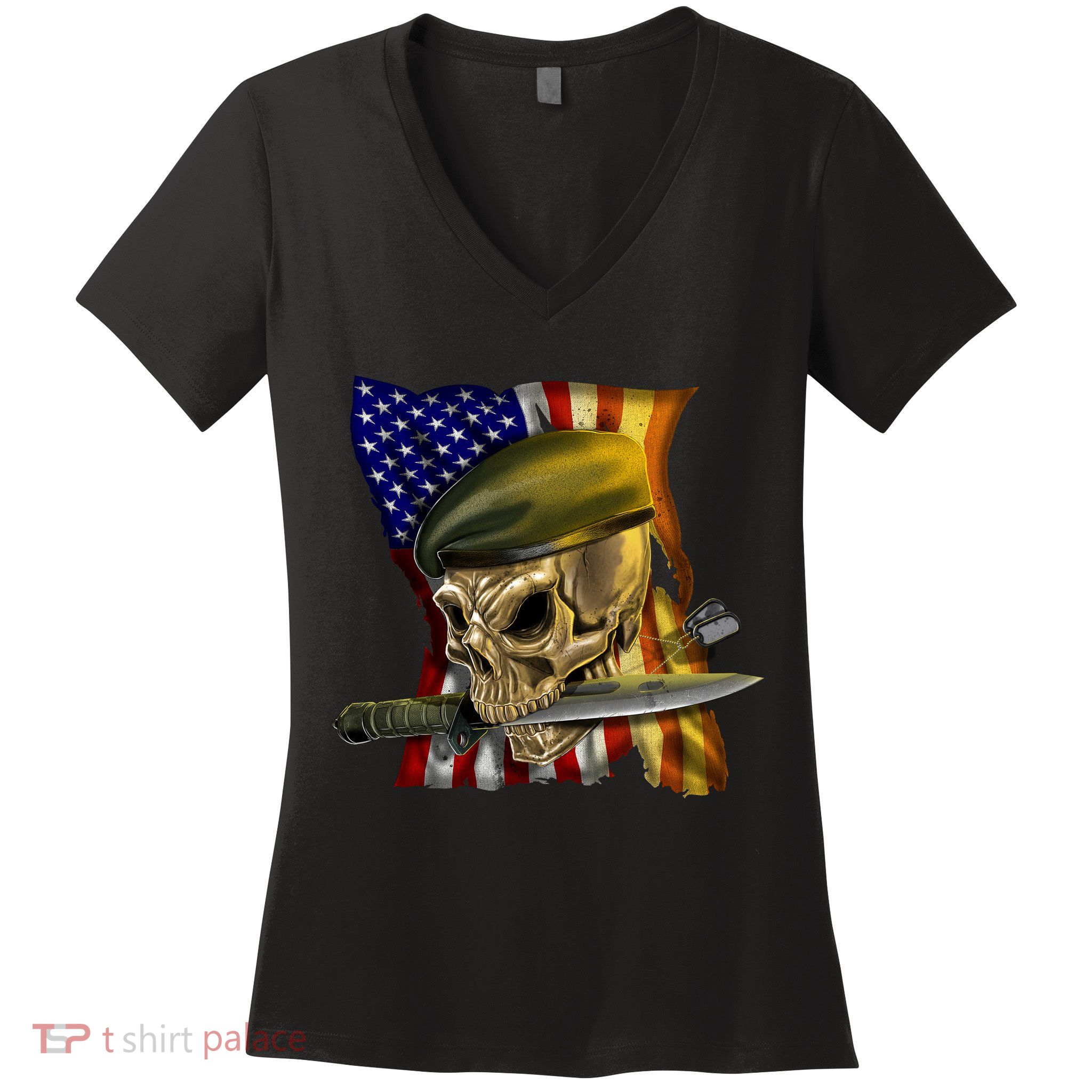 Skull Beret Military Women's V-Neck T-Shirt