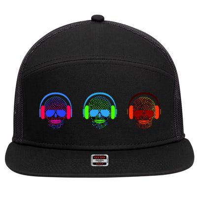 Skull Icons With Headphones 7 Panel Mesh Trucker Snapback Hat