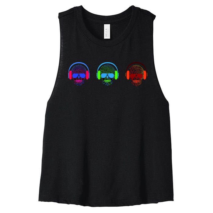 Skull Icons With Headphones Women's Racerback Cropped Tank