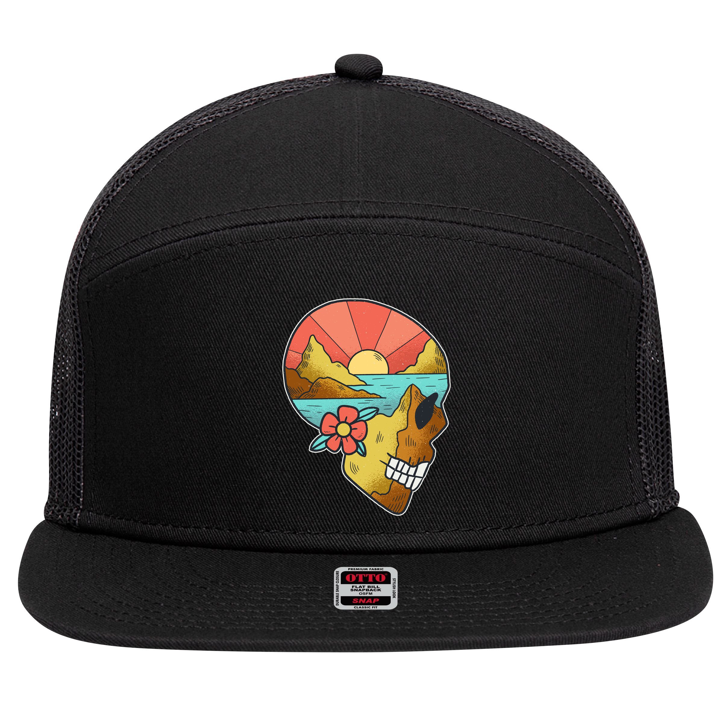 Skull Landscape Sunset 7 Panel Mesh Trucker Snapback Hat