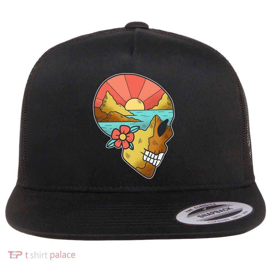 Skull Landscape Sunset Flat Bill Trucker Hat