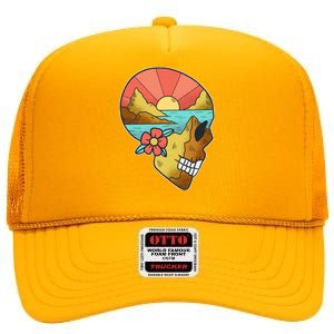 Skull Landscape Sunset High Crown Mesh Back Trucker Hat