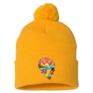 Skull Landscape Sunset Pom Pom 12in Knit Beanie