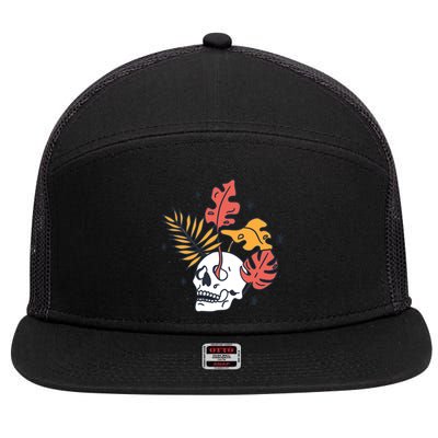 Skull Leaves 7 Panel Mesh Trucker Snapback Hat