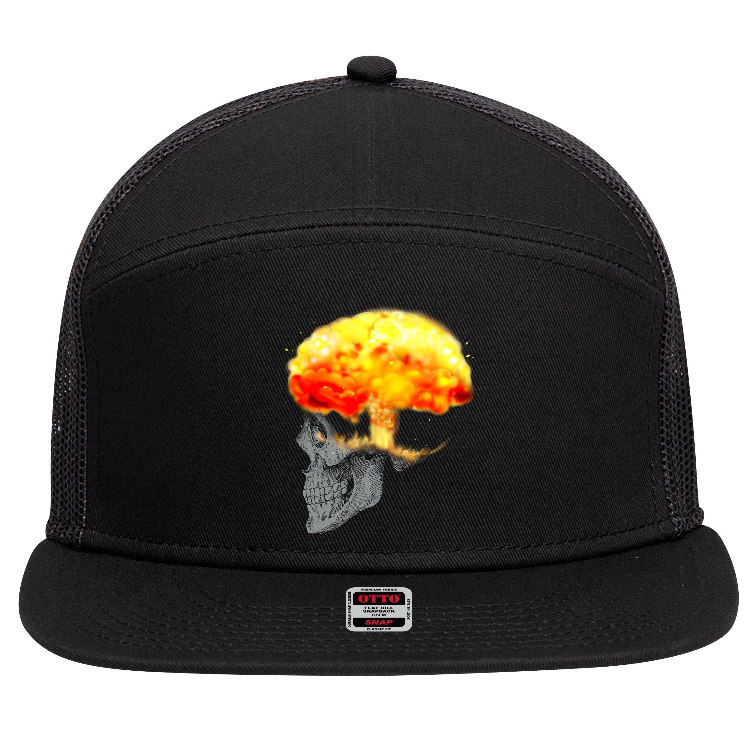 Skull Mind On Fire 7 Panel Mesh Trucker Snapback Hat