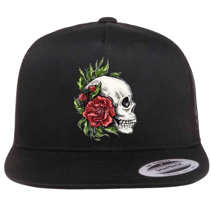 Skull Roses Flat Bill Trucker Hat