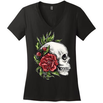 Skull Roses Women's V-Neck T-Shirt