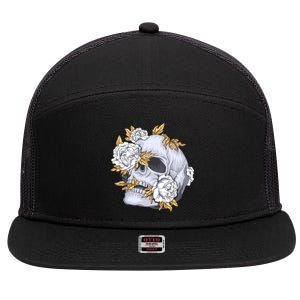 Skull White Flowers 7 Panel Mesh Trucker Snapback Hat