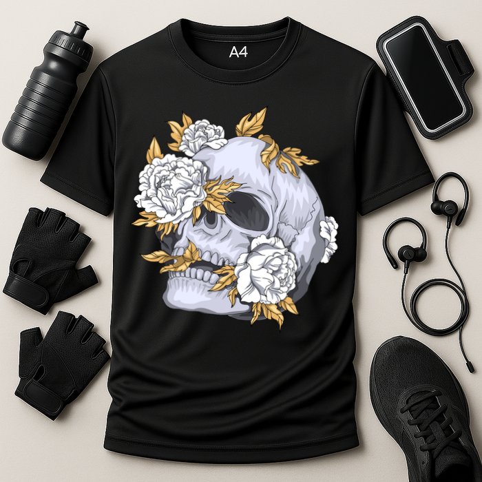 Skull White Flowers Cooling Performance Crew T-Shirt