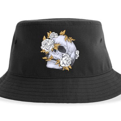 Skull White Flowers Sustainable Bucket Hat