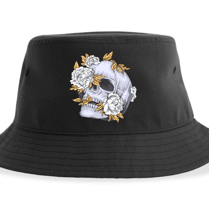 Skull White Flowers Sustainable Bucket Hat