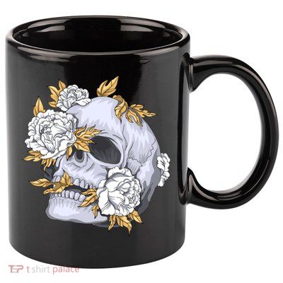 Skull White Flowers 11oz C Handle Ceramic Mug