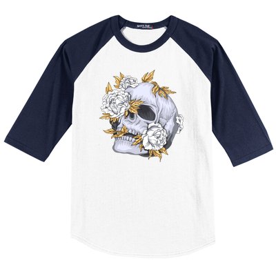 Skull White Flowers Baseball Sleeve Shirt