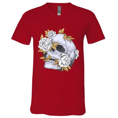 Skull White Flowers V-Neck T-Shirt