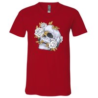 Skull White Flowers V-Neck T-Shirt