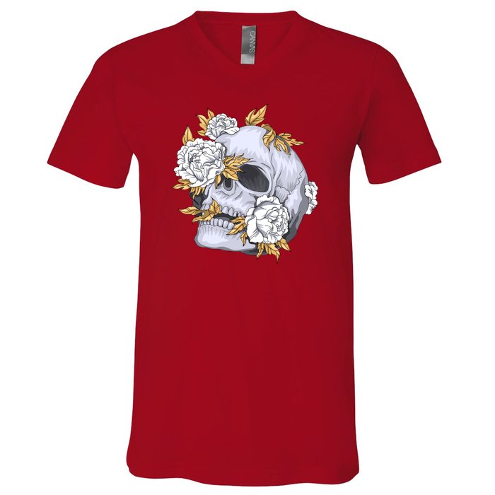 Skull White Flowers V-Neck T-Shirt