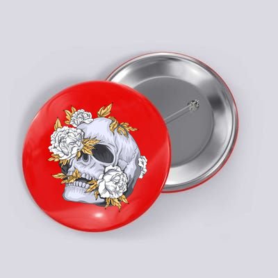 Skull White Flowers Button
