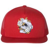 Skull White Flowers Flat Bill Trucker Hat