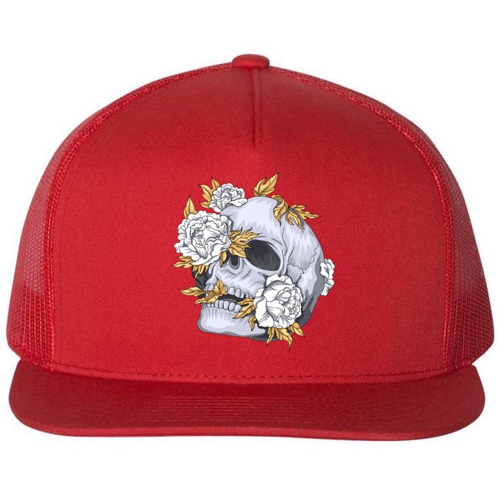 Skull White Flowers Flat Bill Trucker Hat